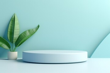 Poster - 3d rendering of minimal geometric forms. Podium for show product, Minimal scene with a podium and abstract background in pastel blue and green colors, AI Generated