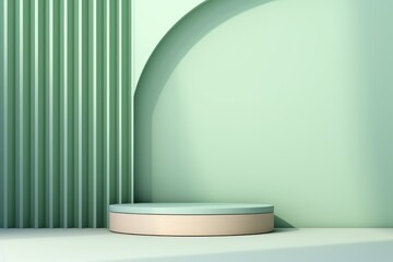 Poster - Abstract minimal scene with podium and green wall. 3d render illustration, Minimal scene with a podium and abstract background in pastel blue and green colors, AI Generated
