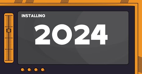Poster - Cartoon Computer With the number 2024. Video message of a screen displaying an installation window.