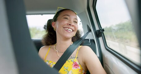 Poster - Woman, car and road trip with laugh by window with thinking, ideas and comic memory for vacation travel. Girl, person and happy in vehicle with smile to remember funny story with driving on road