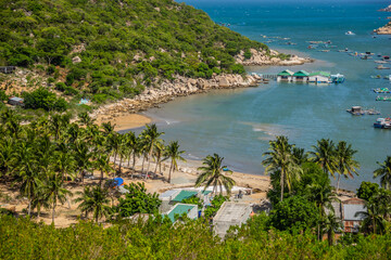 Wall Mural - Wooden boats and tourist boats are packed close together in the clear blue water of Vinh Hy Bay, Phan Rang, Ninh Thuan.