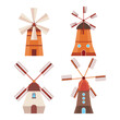 Set of Windmills Collection, German landmark, Vector rural countryside traditional Dutch stone mill, Netherland wooden windmill, Holland building for millstones grain, flour, bread processing