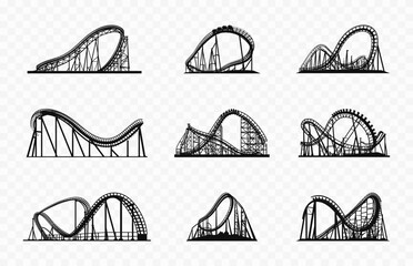 Roller coaster Silhouette Vector art Set, Rollercoaster loop Silhouettes Clip art bundle