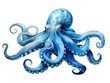 Octopus Watercolor in Blue Tone with Transparency Background