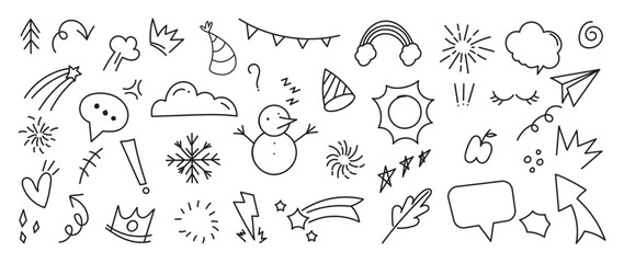 Wall Mural - Set of cute pen line doodle element vector. Hand drawn doodle style collection of snowman, rainbow, arrows, stars, sun, thunder, speech bubble. Design for print, cartoon, card, decoration, sticker.