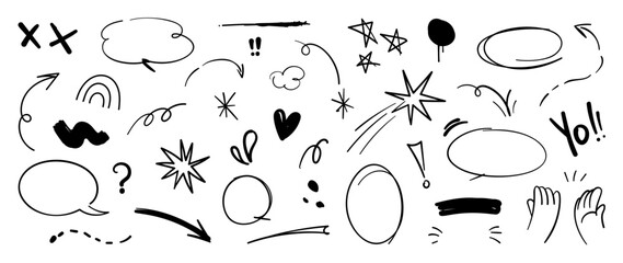Wall Mural - Set of cute pen line doodle element vector. Hand drawn doodle style collection of heart, arrows, scribble, speech bubble, chat, star, marks. Design for print, cartoon, card, decoration, sticker.