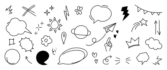 Wall Mural - Set of cute pen line doodle element vector. Hand drawn doodle style collection of scribble, sun, arrows, stars, cloud, flower, speech bubble. Design for print, cartoon, card, decoration, sticker.