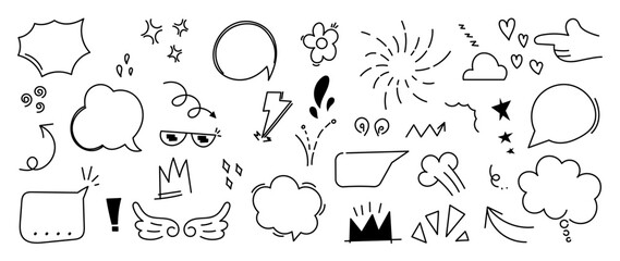 Wall Mural - Set of cute pen line doodle element vector. Hand drawn doodle style collection of scribble, firework, arrows, stars, cloud, flower, speech bubble. Design for print, cartoon, card, decoration, sticker.