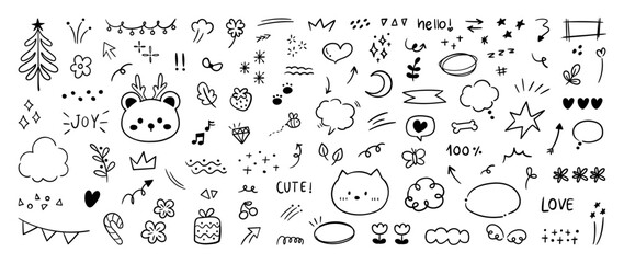Wall Mural - Set of cute pen line doodle element vector. Hand drawn doodle collection of cat, bear, stars, sparkle, words, heart, flower, scribble, arrows. Design for print, cartoon, card, decoration, sticker.