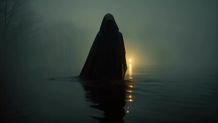 Wall Mural - A lone hooded figure emerging from the depths of a misty lake eyes glowing with sinister intent.