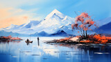 Fototapeta Natura - Mountain landscape with a fisherman on the lake. Digital painting.