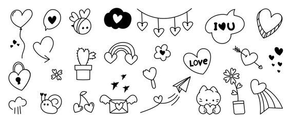 Poster - set of valentine doodle element vector. hand drawn doodle style collection of heart shaped, rainbow,