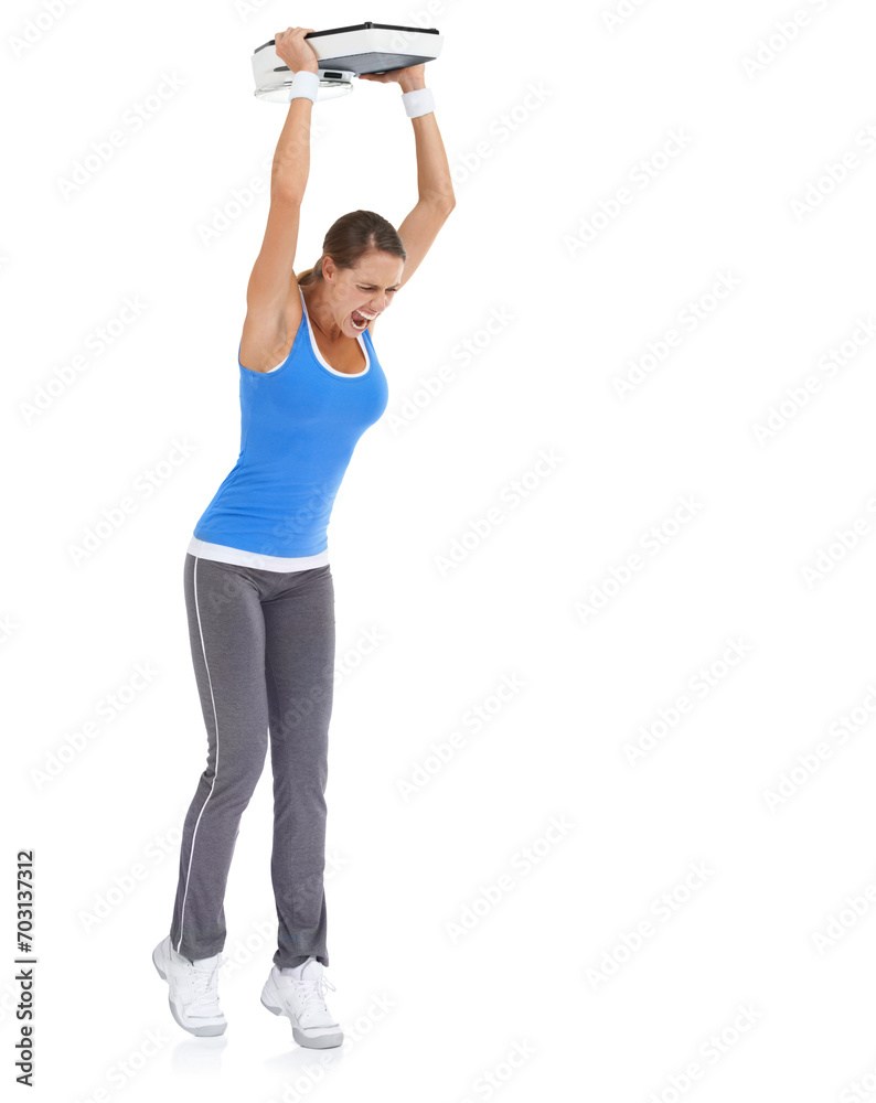 Angry woman, weight loss and throwing scale on ground isolated on a ...