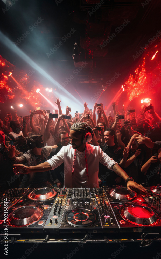 dj with dj set plays set on concert in bright stage lights ...