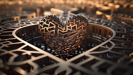 Wall Mural - The complexity of navigating a 3D maze in the shape of a heart mirrors the intricate nature of love, emphasizing that the journey itself is just as important as the destination.