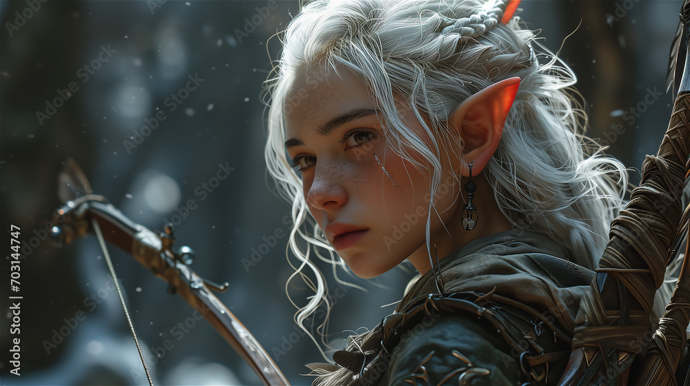 Elf ranger with with hair and braids in the woods with bow and arrows ...