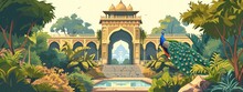 Traditional Mughal Garden, Arch, Peacock, Cartoon Illustartion