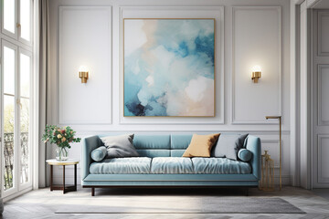 Wall Mural - Luxury Livingroom house or apartment interior design, mock up room design, plants, and elegant personal accessories. Couch and table furniture with poster art and room accessories home decor