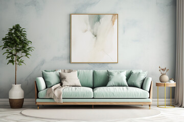 Wall Mural - Luxury Livingroom house or apartment interior design, mock up room design, plants, and elegant personal accessories. Couch and table furniture with poster art and room accessories home decor