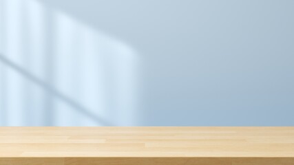 Poster - Empty space wooden table top on blue wall background with window sunlight. Mockup scene display for products presentation. 