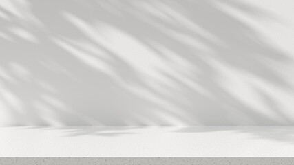 Poster - Empty space stone table top on white wall background with tree shadow sunlight. Mockup scene display for products presentation. 