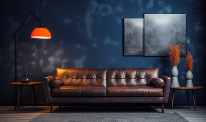 Wall Mural - The interior design of a modern home or apartment living room with a dark blue background wall and leather couch with pillows for decor