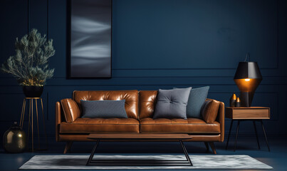 Wall Mural - The interior design of a modern home or apartment living room with a dark blue background wall and leather couch with pillows for decor