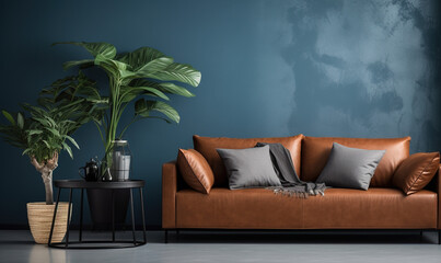 Wall Mural - The interior design of a modern home or apartment living room with a dark blue background wall and leather couch with pillows for decor