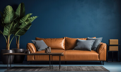 Wall Mural - The interior design of a modern home or apartment living room with a dark blue background wall and leather couch with pillows for decor