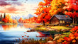 Autumn landscape with lake and wooden house on shore. Digital painting.