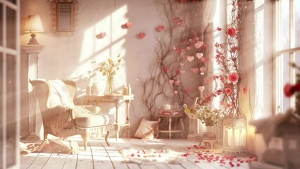 Wall Mural - Beautiful romantic Valentine's Day interior background animation, dreamy mood with lovely hearts and morning lights, 4k loop