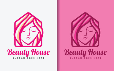 Poster - Beauty House Logo Design. Abstract Minimalist House Shape Combined with Beauty Woman Face Design Concept. Vector Logo Illustration.