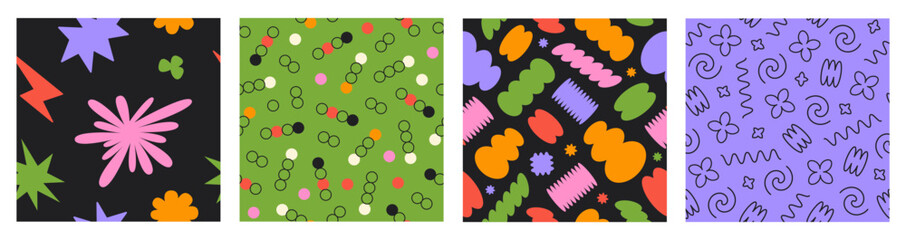 Poster - Vector set of Abstract seamless patterns with colorful playful cartoon shapes and lines. Trendy random shapes. Bright funky groovy print