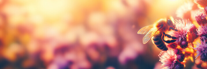 banner micro shot photo of bee on the flower in sunlight at sunset