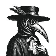 Plague Doctor With Bird Mask And Hat. Vector Black Vintage Engraving Illustration Isolated On A White Background. Hand Drawn Design Element For Poster Quarantine Coronavirus