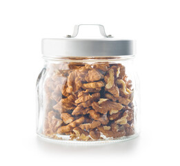 Sticker - Peeled dried walnut kernels in jar isolated on white background.