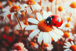 Red ladybug on camomile flower, ladybird creeps on stem of plant in spring in garden in summer. Ai generative