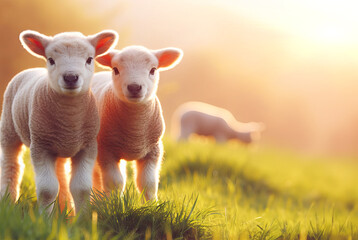 Wall Mural - Lambs stands on field, sunset. Young little lambs on a fresh spring green field at sunrise.