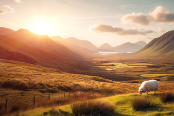 Wall Mural - Young sheep grazes in meadow in spring against backdrop mountains and the setting sun