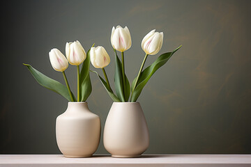 Poster - Three graceful tulips in a row, each in a tiny pot, portraying minimalistic elegance.