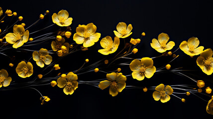 Wall Mural - black background little yellow flowers