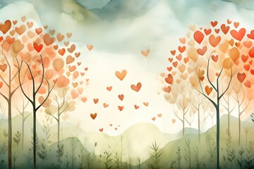 Wall Mural - Watercolor pastel painting of heart trees forest landscape background of love valentine couple art