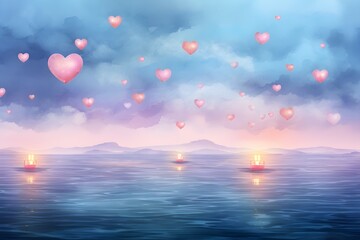 Wall Mural - Serene watercolor background with glowing lanterns and heart balloons on a calm water surface scene