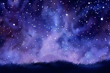 Wall Mural - Watercolor glowing starry space galaxy night sky in deep purple from the land hill background design