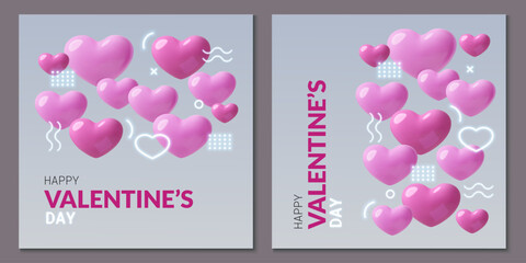 Wall Mural - Happy Valentine's Day abstract greeting card set with 3D realistic pink hearts and neon geometric shapes on grey background. Modern design for February 14. Vector illustration.