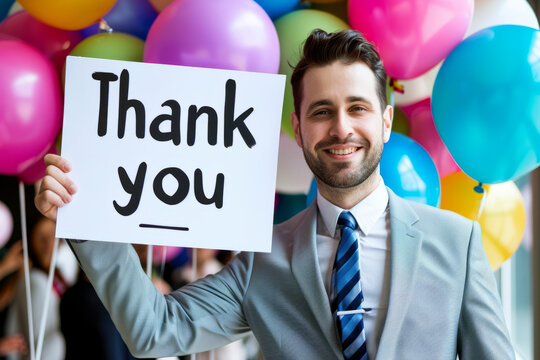 thank you concept image with a business man manager holding a sign with written thank you words in o