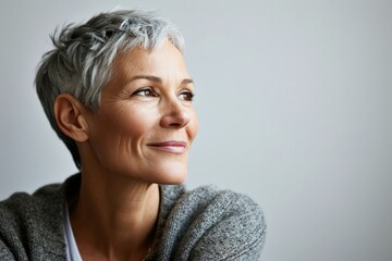 Wall Mural - Portrait of a happy senior woman looking away, on gray background