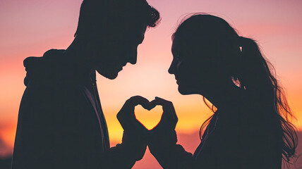 Wall Mural - Couple making a heart symbol at sunset with blue and orange sky.	