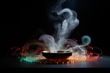 Incense in a bowl on a black background with smoke and fire. ai generated