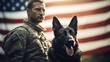 Comprehensive scene showcasing the profound connection between a military man and his service German Shepherd, set against the backdrop of the US flag for Veterans Day.